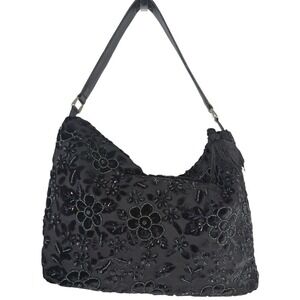 Christiana Black Beaded Velvet Floral Shoulder Bag Tassel Tote Purse